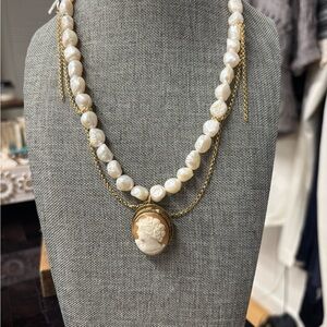 Freshwater pearls with vintage cameo pendant handmade necklace by Pamela